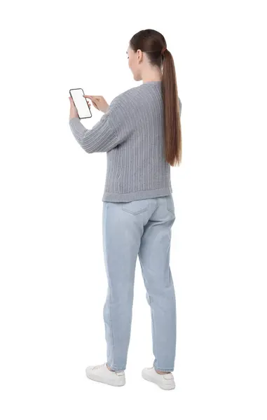 Donna Utilizzando Smartphone Con Schermo Bianco Sfondo Bianco — Foto Stock