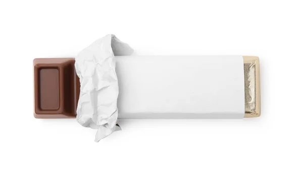 Вкусный Шоколад Упаковке Изолирован Белом Вид Сверху — стоковое фото