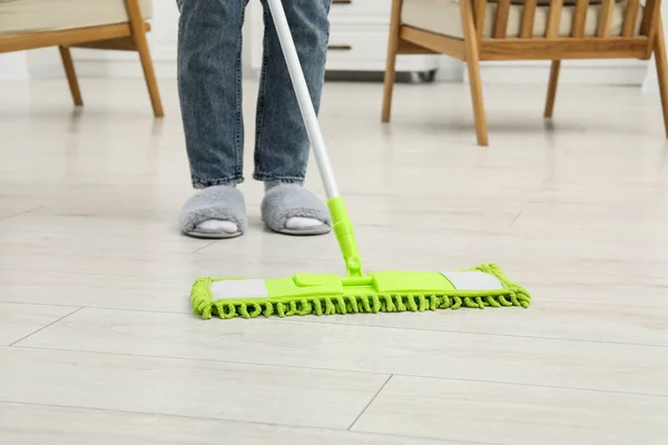 Woman Cleaning Dirty White Parquet Floor Mop Indoors Closeup — Stock Photo, Image