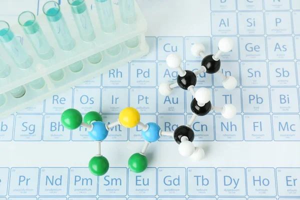Molekulární Model Zkumavky Periodické Tabulce Nad Zobrazením — Stock fotografie