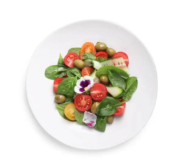 Bir Kase Lezzetli Salata Sebzeli Zeytinli Beyaz Üst Manzara — Stok fotoğraf