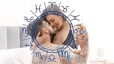 Cinsel uyumluluk. Zodiac tekerleği ve tutkulu bir çift yatakta sevişiyor.