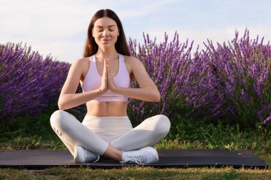 Lavanta bahçesinde yoga yapan bir kadın. Metin için boşluk