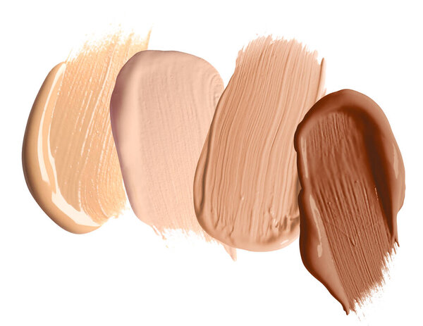 Foundation of various shades for different skin tones isolated on white, top view. Set of samples