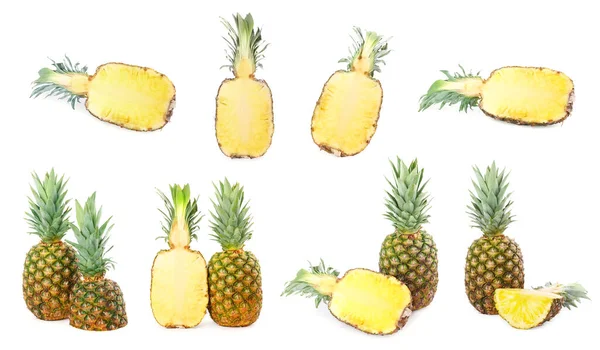Zestaw Obciętymi Całymi Ananasami Izolowanymi Białym — Zdjęcie stockowe