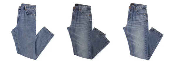 Conjunto Com Jeans Diferentes Fundo Branco Vista Superior — Fotografia de Stock