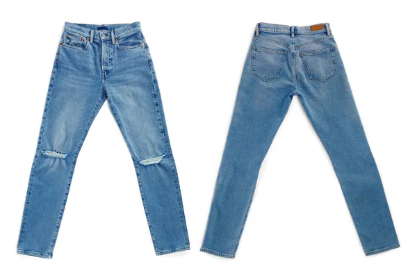 Colagem Com Jeans Isolados Nas Vistas Branca Traseira Frontal — Fotografia de Stock