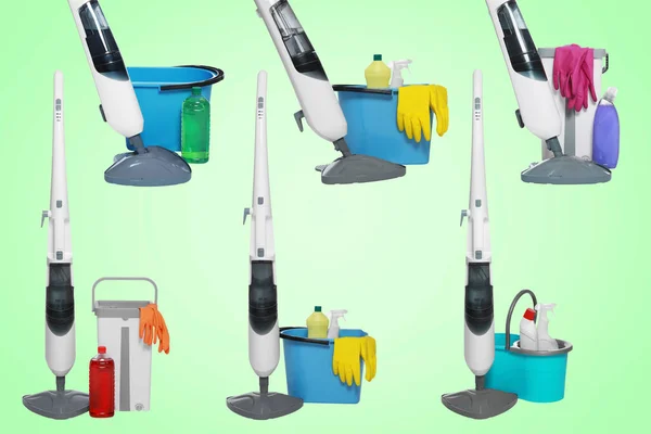Collage Aus Modernen Dampfwischern Und Reinigungsmitteln Auf Hellgrünem Hintergrund — Stockfoto