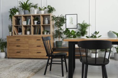 Sandalyeli masa, ahşap raf ünitesi, kitaplar ve şık bir odada bir sürü saksı bitkisi.