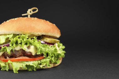 Köfteli leziz burger ve koyu arkaplanda marul, mesaj için yer.