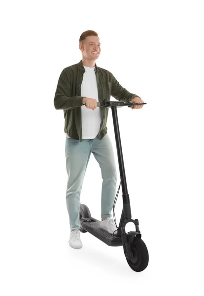 Beyaz Arka Planda Modern Elektrikli Scooter Kullanan Mutlu Bir Adam — Stok fotoğraf