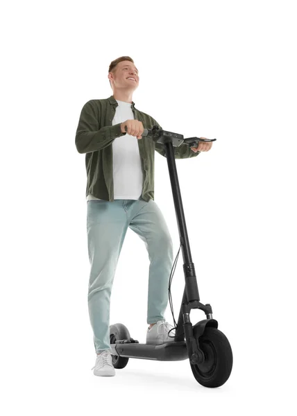 Hombre Feliz Con Scooter Patada Eléctrica Moderna Sobre Fondo Blanco — Foto de Stock