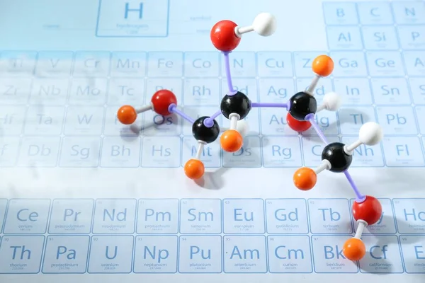Modelo Molecular Sobre Tabla Periódica Elementos Químicos — Foto de Stock