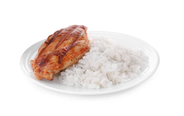 Πιάτο Ψητό Στήθος Κοτόπουλου Και Ρύζι Που Απομονώνονται Λευκό — Φωτογραφία Αρχείου