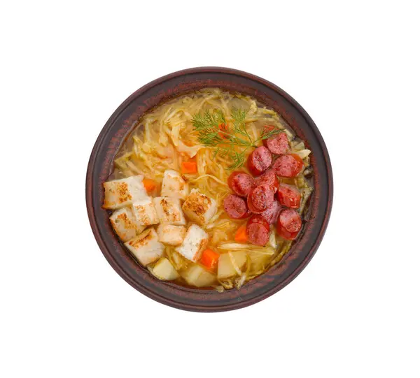 Bowl Delicious Sauerkraut Soup Smoked Sausages Dill Croutons Isolated White — Stock Photo, Image