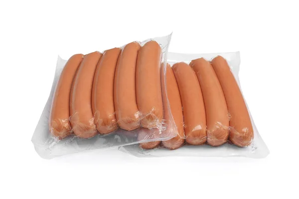 Friss Nyers Kolbászt Tartalmazó Csomagok Fehér Alapon Hozzávalók Hot Dog — Stock Fotó