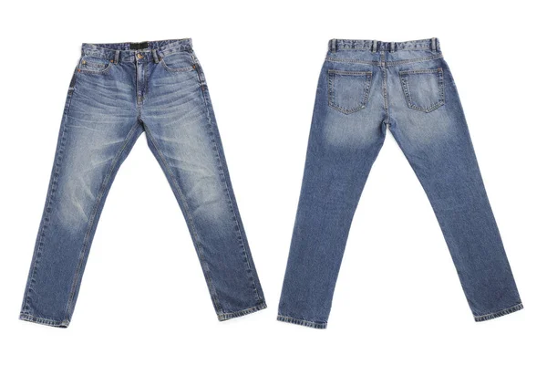 Colagem Com Jeans Isolados Nas Vistas Branca Traseira Frontal — Fotografia de Stock