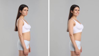 Hafif arka planda kilo kaybetmeden önce ve sonra kadın portreleriyle kolaj