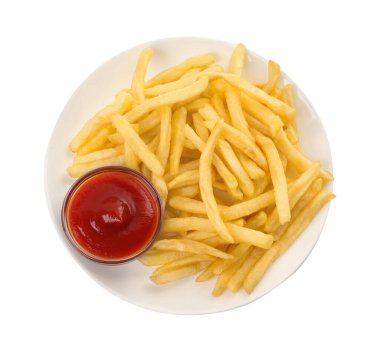 Lezzetli patates kızartması tabağı ve beyaz üzerine ketçap.