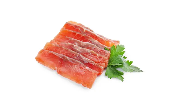 Leckere Sashimi Scheiben Frischen Rohen Lachses Und Petersilie Isoliert Auf — Stockfoto