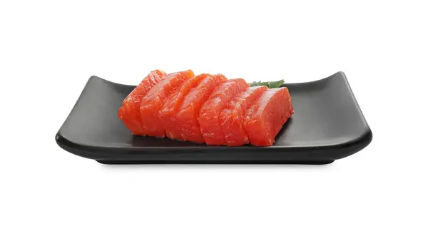 Smaczne Sashimi Plastry Surowego Łososia Podawane Pietruszką Izolowaną Białym — Zdjęcie stockowe