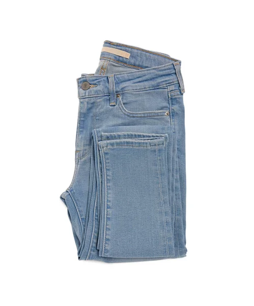 Jeans Azul Claro Dobrado Isolado Branco Vista Superior — Fotografia de Stock