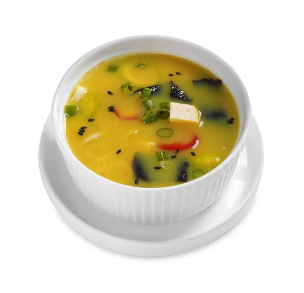 Чаша Вкусного Мисо Супа Тофу Изолированы Белом — стоковое фото