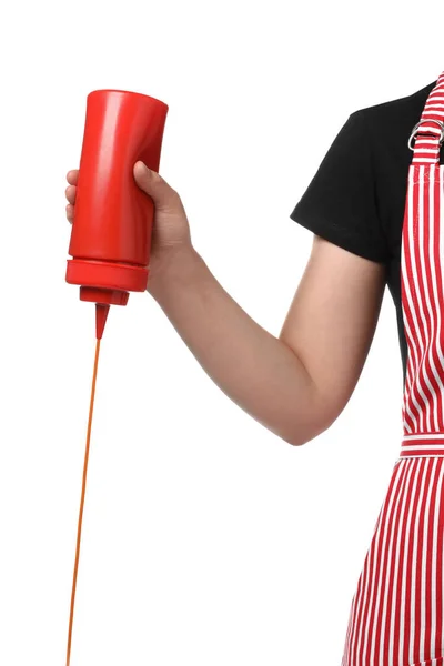 Woman Pouring Tasty Ketchup Bottle White Background Closeup — Stock Photo, Image