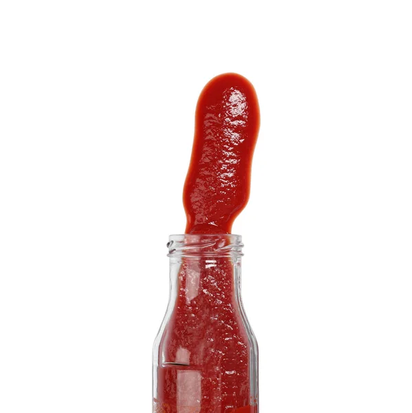 Ketchup Glazen Fles Geïsoleerd Wit Bovenaanzicht — Stockfoto