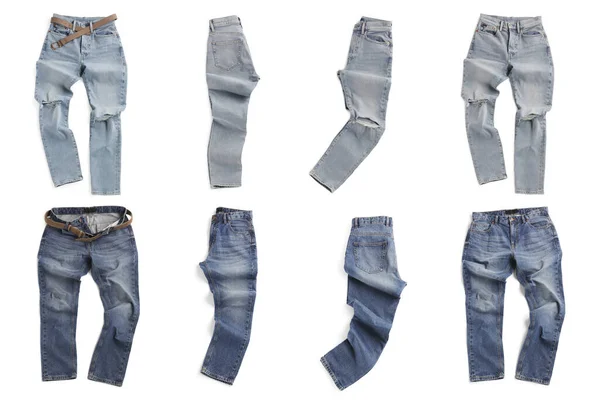 Set Different Jeans White Background Top View — Stock Photo, Image