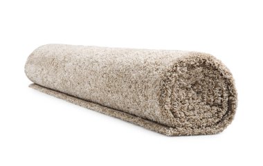 Tüylü halı beyaz arka plan üzerinde yuvarlandı. İç öğesi