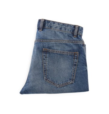 Blue jeans isolated on white, top view. Stylish clothes