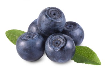 Lezzetli olgun yaban mersini ve yeşil yapraklar beyazın üzerinde izole edilmiş.