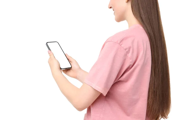 Woman Holding Smartphone Blank Screen White Background Closeup Mockup Design — Foto Stock