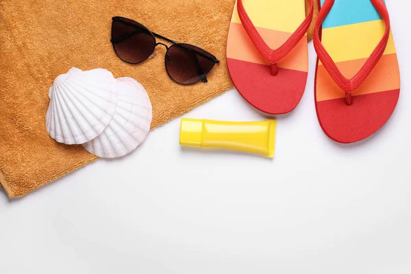 Flat Lay Composition Sunscreen Beach Accessories White Background Space Text — Stock Photo, Image