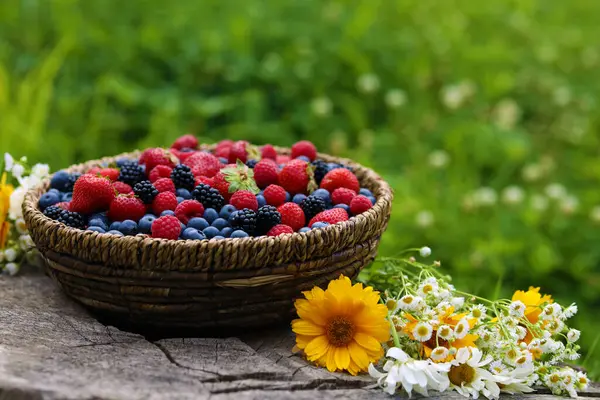 Weidenschale Mit Verschiedenen Frischen Reifen Beeren Und Schönen Blumen Auf — Stockfoto