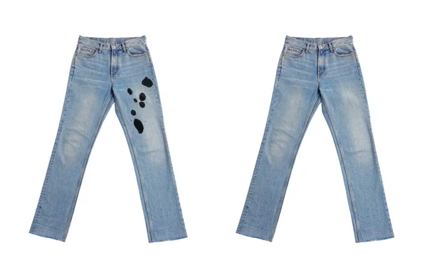 Collage Mit Schmutzigen Und Sauberen Jeans Isoliert Auf Weiß Vor — Stockfoto