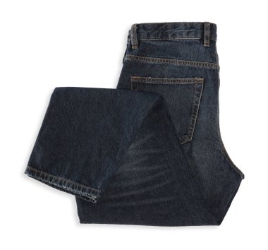 Katlanmış koyu mavi kot, beyaz, üst görünümde izole.