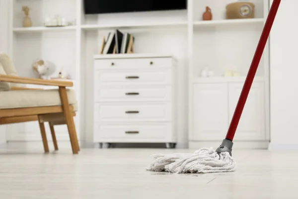 Cleaning White Parquet Floor Mop Room Space Text — Stock Photo, Image