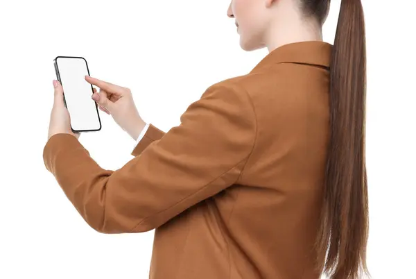 Donna Utilizzando Smartphone Con Schermo Bianco Sfondo Bianco Primo Piano — Foto Stock