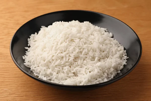Plate Delicious Rice Wooden Table Closeup — Stock Photo, Image