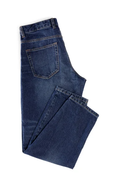 Stijlvolle Donkerblauwe Jeans Geïsoleerd Wit Bovenaanzicht — Stockfoto