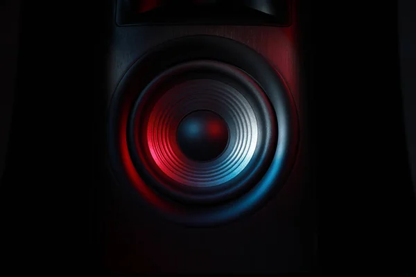 One sound speaker in neon light on black background, closeup