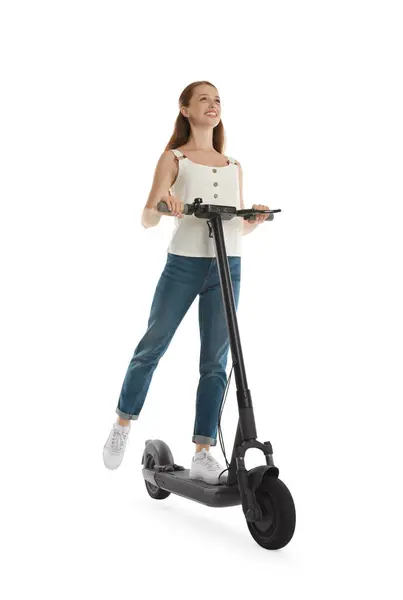 Mujer Feliz Montando Scooter Eléctrico Moderno Sobre Fondo Blanco — Foto de Stock