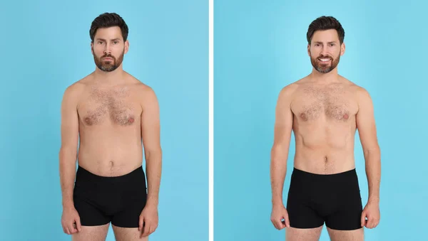 Collage with portraits of man before and after weight loss on light blue background