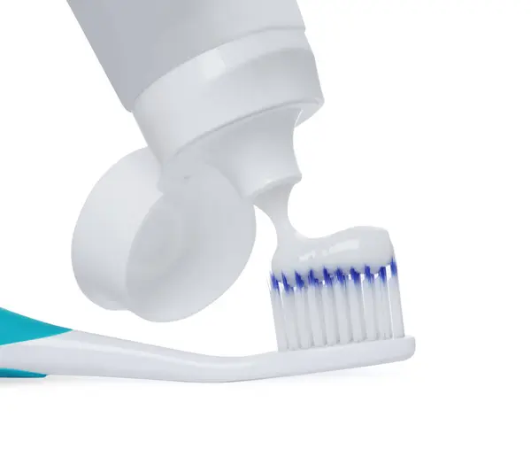 Applying Paste Toothbrush White Background Closeup — Stock Photo, Image