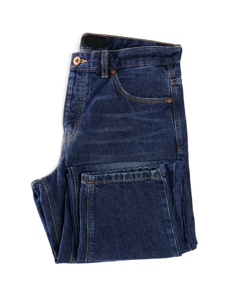 Calça Jeans Azul Escuro Dobrado Isolado Branco Vista Superior — Fotografia de Stock