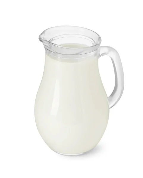 Glaskrug Mit Frischer Milch Isoliert Auf Weiß — Stockfoto