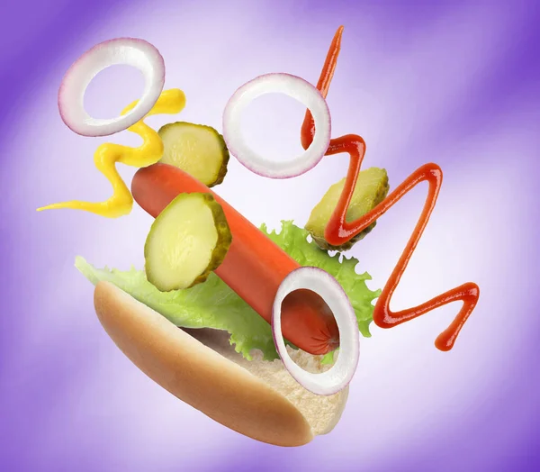 Hot Dog Ingredients Air Indigo Gradient Background — Stock Photo, Image