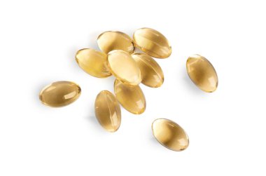 Yumuşak jelatin kapsüller beyaza izole edilmiş, üst manzara. Haplar.